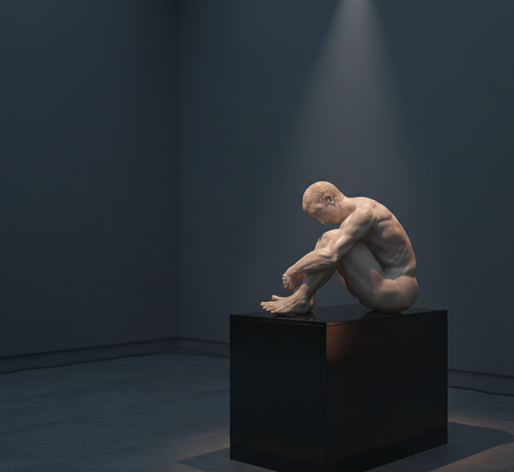 Scultura figurativa contemporanea di uomo seduto