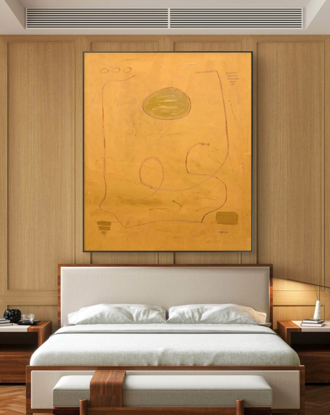 Quadro astratto matrico di Cardusu posizionato sopra il letto in camera da letto di lusso